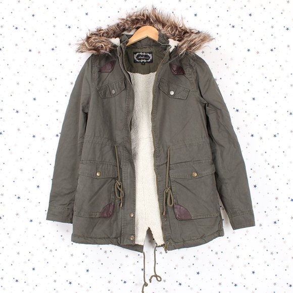 Fur Lined Faux Fur Hooded Utility Military Jacket - Picture 1 of 9